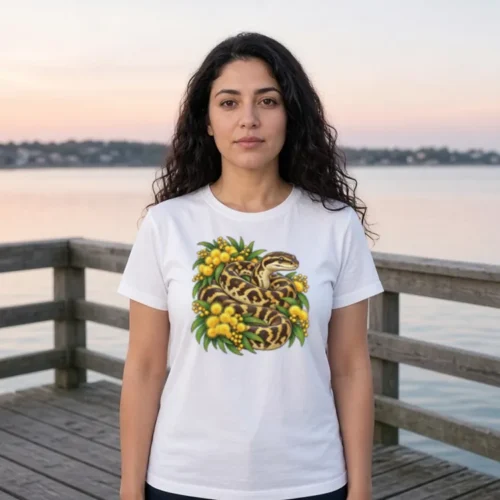 Woman with long dark curly hair on a timber pier over a calm bay at sunrise, wearing the white Carpet Python Among Golden Wattle women’s T-shirt