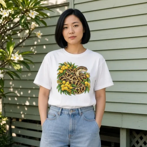 Woman with a sleek black bob beside a pale green weatherboard wall and a frangipani tree, wearing the white Carpet Python Among Golden Wattle women’s boxy T-shirt with jeans