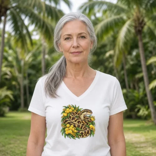 Woman with long grey hair in a low ponytail in a garden with tall palms, wearing the white Carpet Python Among Golden Wattle women’s V-neck T-shirt