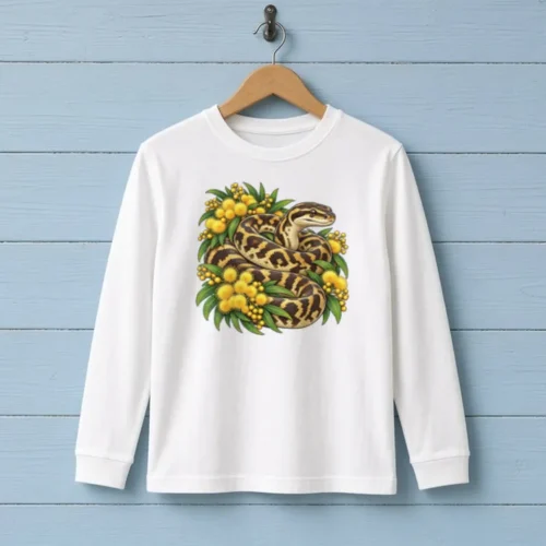 White Carpet Python Among Golden Wattle kids long sleeve T-shirt on a wooden hanger against a pale blue timber wall