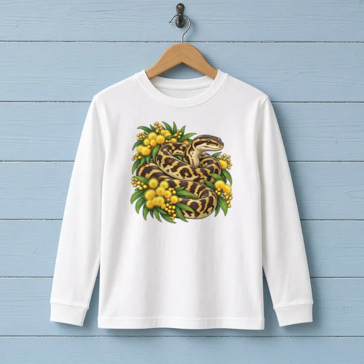 White Carpet Python Among Golden Wattle kids long sleeve T-shirt on a wooden hanger against a pale blue timber wall