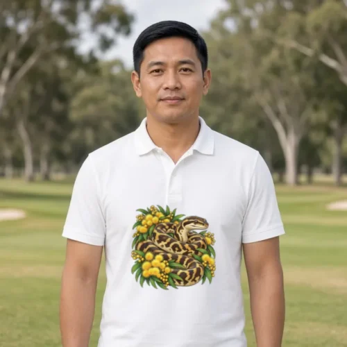 Man with short black hair on a golf course fairway with gum trees behind, wearing the white Carpet Python Among Golden Wattle polo shirt