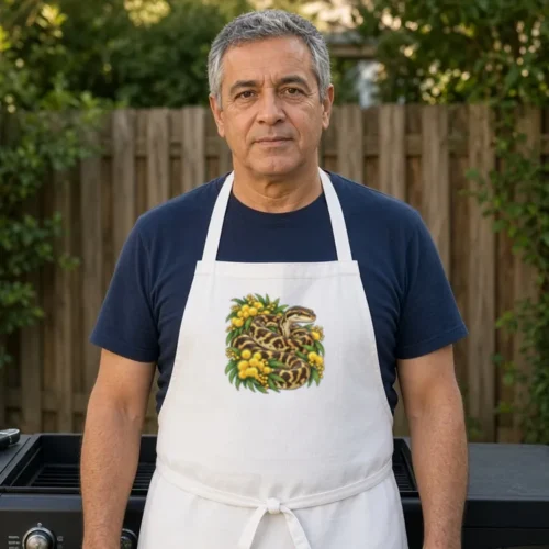 Man with salt-and-pepper hair at a backyard barbecue, wearing the white Carpet Python Among Golden Wattle apron over a navy T-shirt