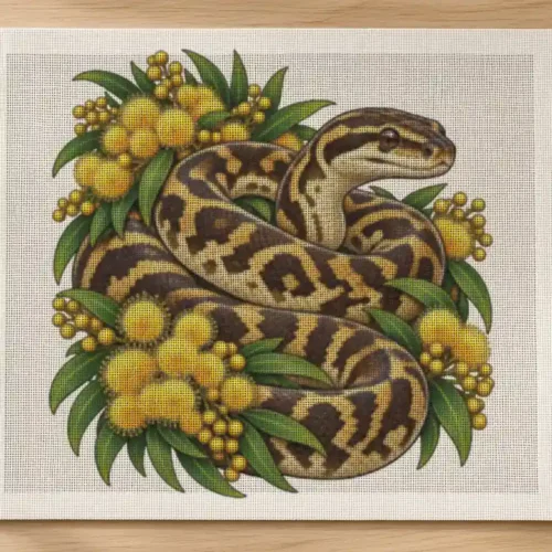 Carpet Python Among Golden Wattle cross stitch canvas on a timber craft table with yellow, green and brown threads and scissors