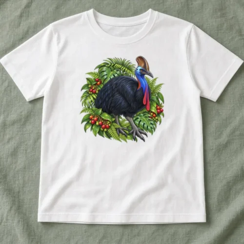 White Cassowary Among Rainforest Foliage kids T-shirt laid flat on a sage green cotton blanket