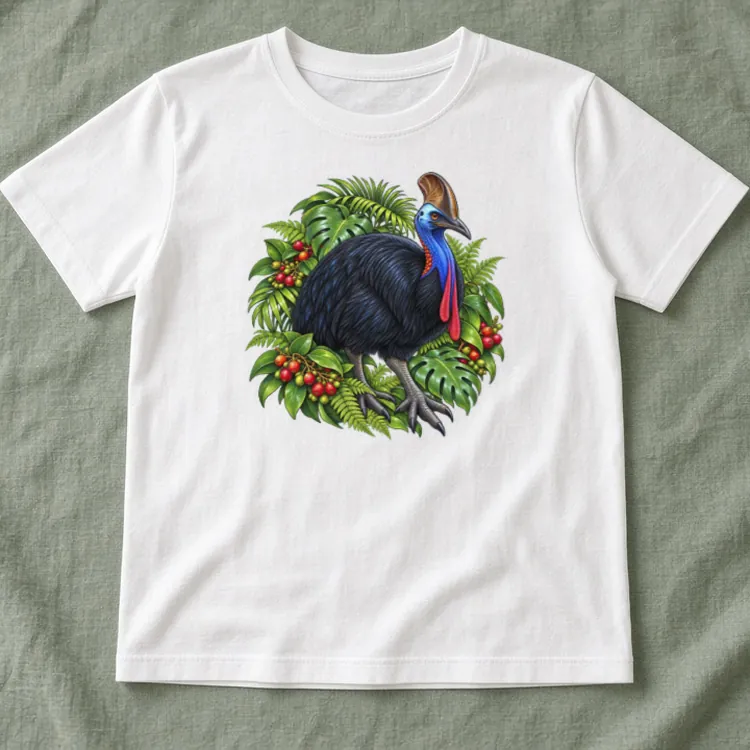 White Cassowary Among Rainforest Foliage kids T-shirt laid flat on a sage green cotton blanket