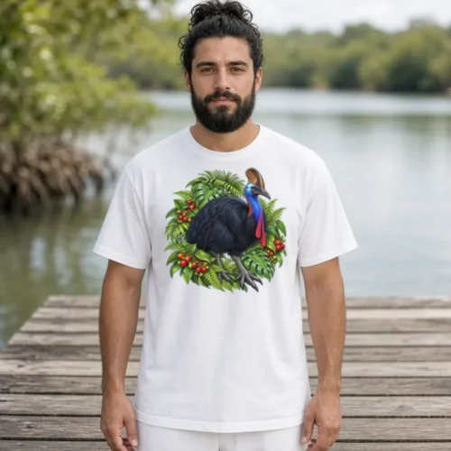 Man with a man bun and a dark beard on a timber jetty by mangroves, wearing the white Cassowary Among Rainforest Foliage boxy T-shirt