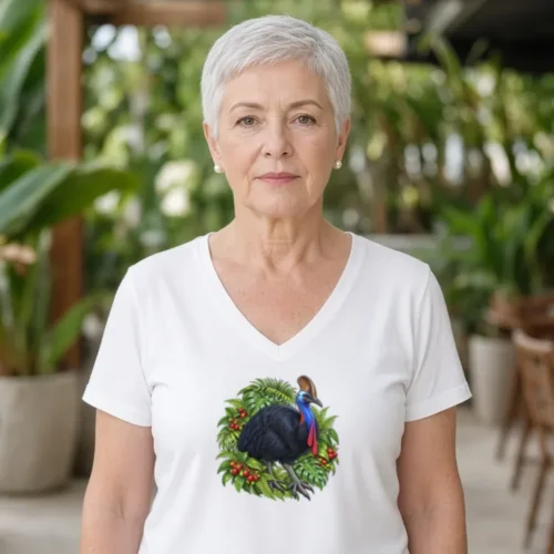 Woman with short silver hair on a café terrace with tropical plants, wearing the white Cassowary Among Rainforest Foliage women’s V-neck T-shirt