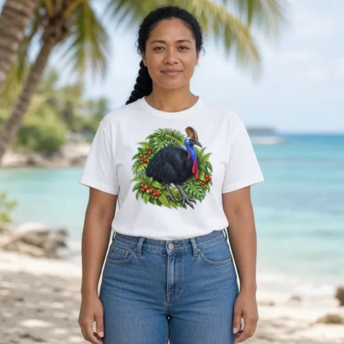 Woman with a long dark braid on a beach with coconut palms, wearing the white Cassowary Among Rainforest Foliage Martina T-shirt