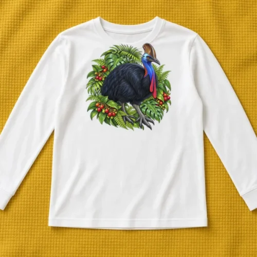 White Cassowary Among Rainforest Foliage kids long sleeve T-shirt laid flat on a mustard waffle blanket