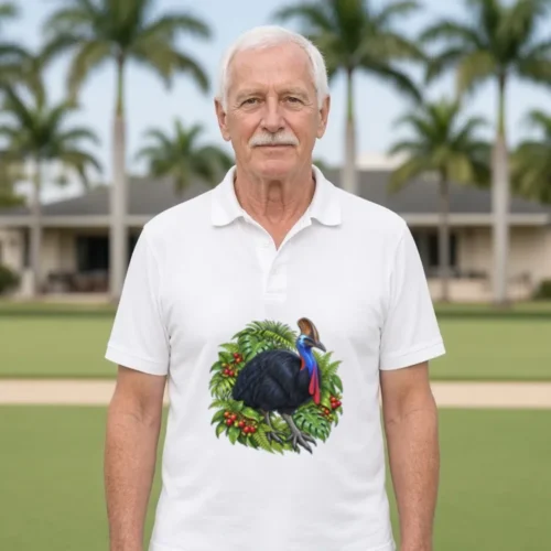 Man with white hair and a white moustache at a lawn bowls green with palm trees behind, wearing the white Cassowary Among Rainforest Foliage polo shirt