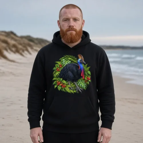 Man with a red beard and a ginger buzz cut on a beach at dusk, wearing the black Cassowary Among Rainforest Foliage hoodie