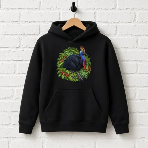 Black Cassowary Among Rainforest Foliage kids hoodie on a wooden hanger against a white brick wall