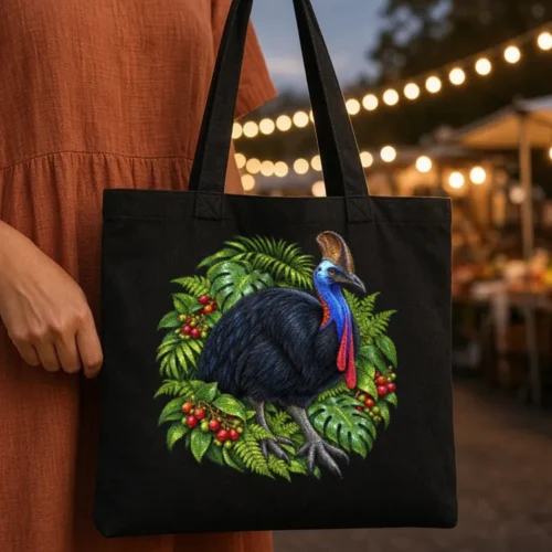 Person in a rust linen dress carrying the black Cassowary Among Rainforest Foliage tote bag on her shoulder at an evening street market