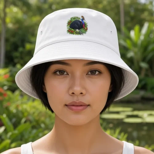 Woman with short dark hair beside a lily pond with tropical plants, wearing the white Cassowary Among Rainforest Foliage bucket hat