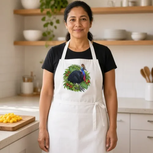 Woman with long dark hair in a ponytail in a bright home kitchen, wearing the white Cassowary Among Rainforest Foliage apron over a black T-shirt