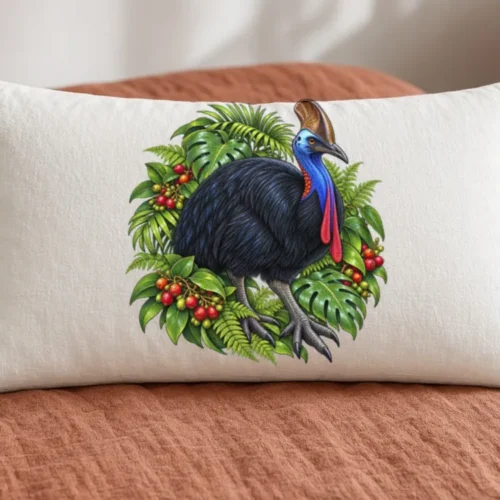 White Cassowary Among Rainforest Foliage pillow case on a pillow on a bed with a terracotta quilt