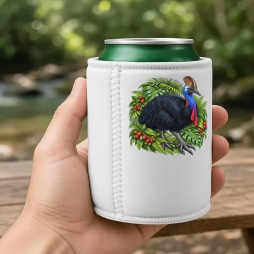 White Cassowary Among Rainforest Foliage stubby holder with a can, held in a hand beside a rainforest creek