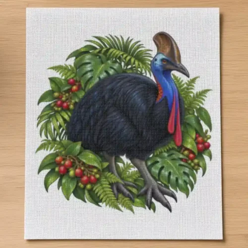 Cassowary Among Rainforest Foliage cross stitch canvas on a timber table with green, blue and red threads