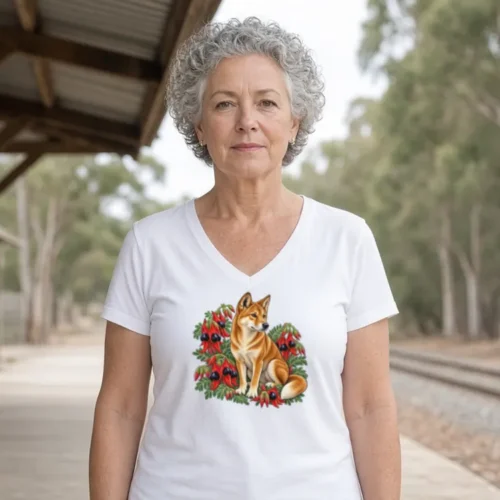 Woman with short grey curls at a country railway station platform, wearing the white Dingo Among Sturt’s Desert Peas women’s V-neck T-shirt
