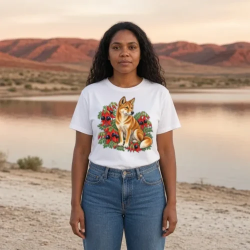 Woman with long dark wavy hair by a desert lake at sunset, wearing the white Dingo Among Sturt’s Desert Peas Martina T-shirt
