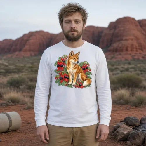 Man with messy light brown hair and a beard at an outback camp with a swag and red rock domes behind, wearing the white Dingo Among Sturt’s Desert Peas long sleeve T-shirt