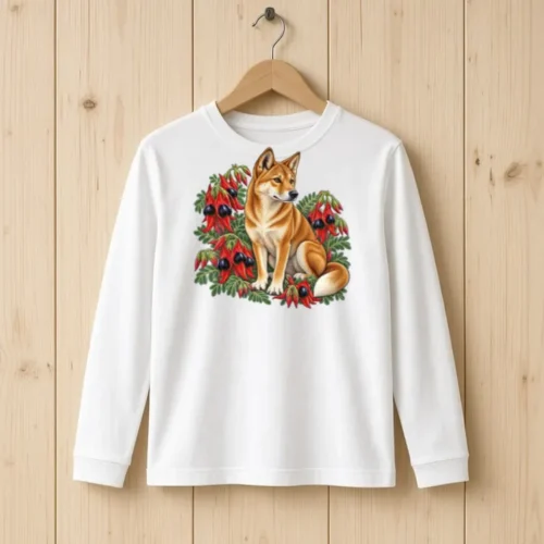 White Dingo Among Sturt’s Desert Peas kids long sleeve T-shirt on a wooden hanger against a pale timber wall