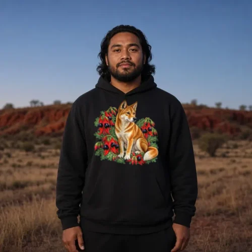 Man with dark shoulder-length hair in open outback country at dusk, wearing the black Dingo Among Sturt’s Desert Peas hoodie