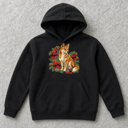 Black Dingo Among Sturt’s Desert Peas kids hoodie laid flat on a light grey wool rug