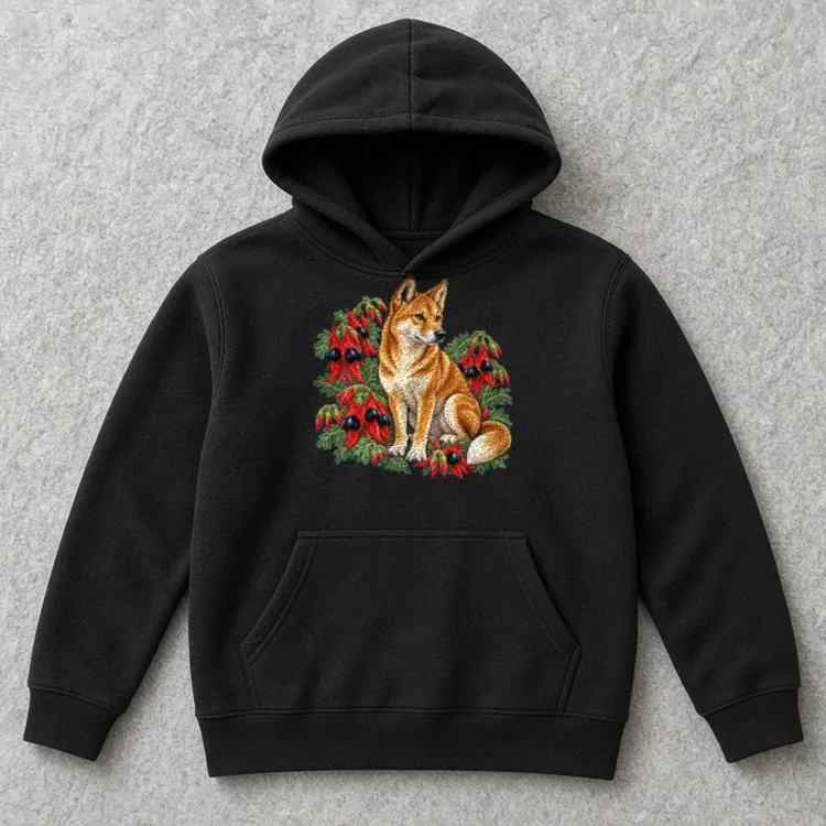 Black Dingo Among Sturt’s Desert Peas kids hoodie laid flat on a light grey wool rug