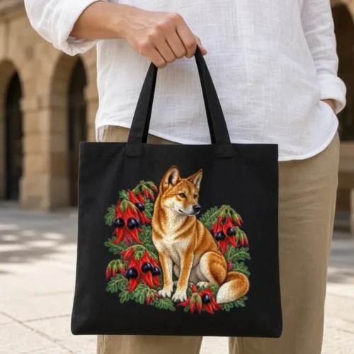 Person in a white linen shirt holding the black Dingo Among Sturt’s Desert Peas tote bag beside a sandstone building