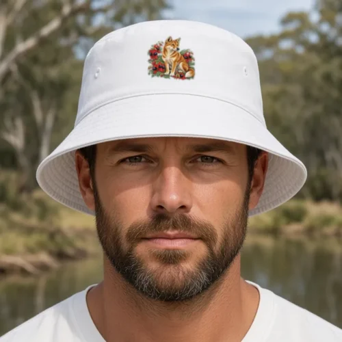 Man with a short brown beard at an outback waterhole, wearing the white Dingo Among Sturt’s Desert Peas bucket hat