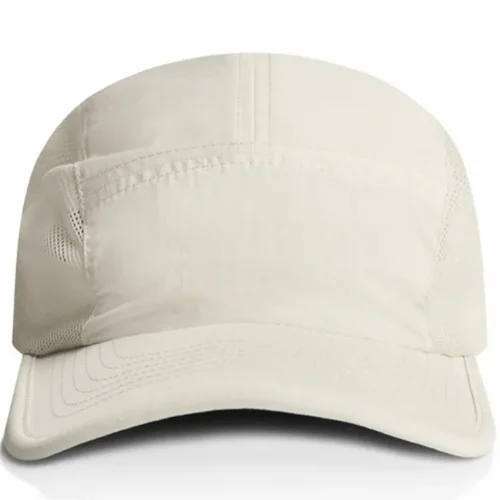Front view of the Ecru AS Colour Active Finn Cap showing the plain front panel, stitched peak and mesh sides