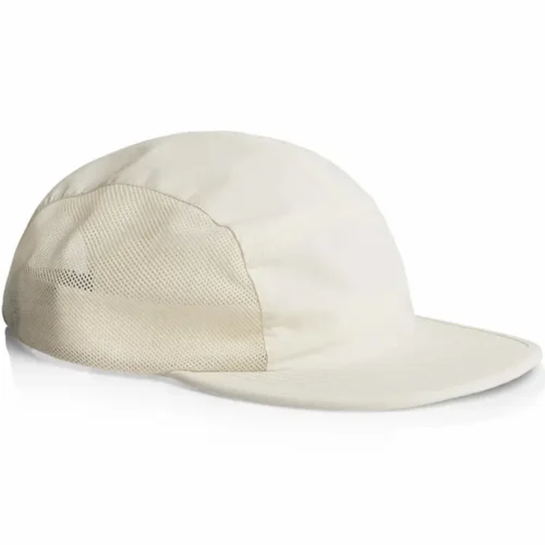Side view of the Ecru AS Colour Active Finn Cap showing its mesh side panel, low-profile crown and flat peak