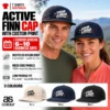 Man and woman wearing Navy AS Colour Active Finn Caps with example logo prints, with Ecru, Navy and Black samples below