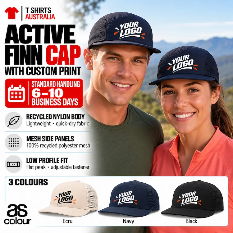 Man and woman wearing Navy AS Colour Active Finn Caps with example logo prints, with Ecru, Navy and Black samples below