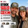 Couple wearing desert camouflage trucker caps with black mesh backs and sample Your Image mountain graphics