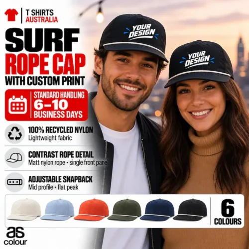 Couple wearing black caps with white rope trim and sample Your Logo wave graphics against a sunset city backdrop