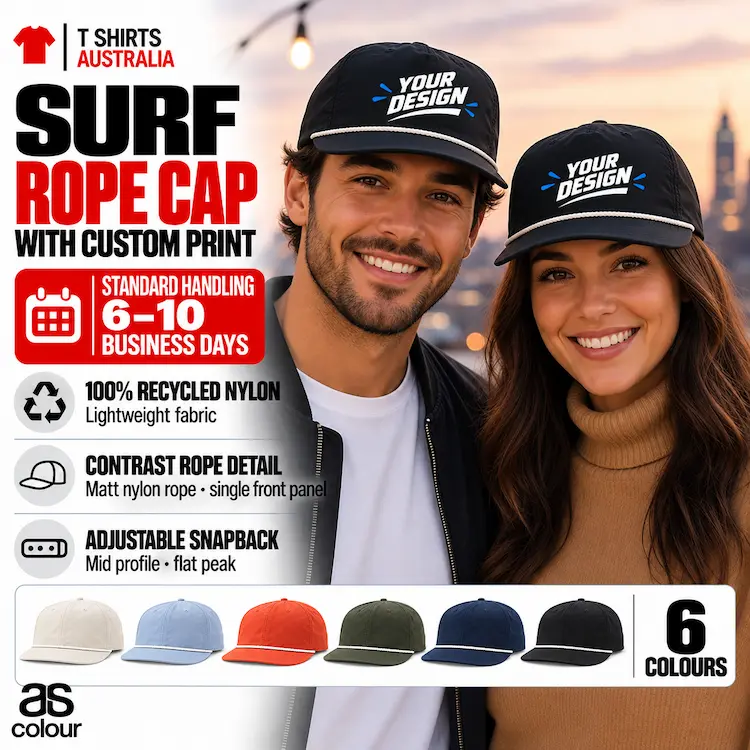 Couple wearing black caps with white rope trim and sample Your Logo wave graphics against a sunset city backdrop