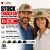 Man and woman outdoors wearing khaki trucker caps with sample Your Logo graphics on the front