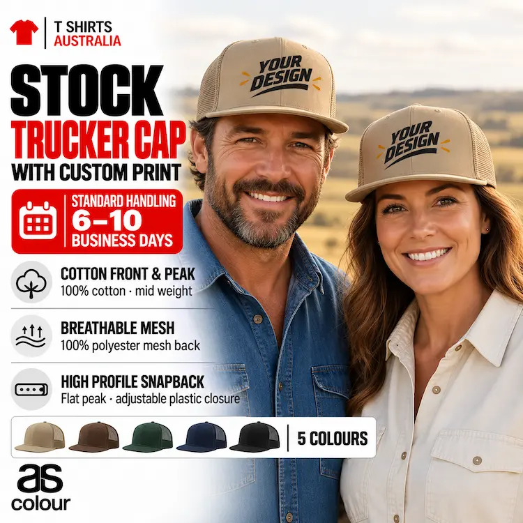 Man and woman outdoors wearing khaki trucker caps with sample Your Logo graphics on the front