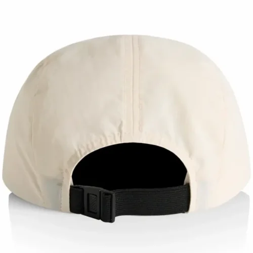 Back view of the Ecru AS Colour Finn Nylon Cap showing the black elastic adjustment strap and plastic fastener