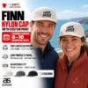 Man and woman wearing Ecru AS Colour Finn Nylon Caps with example custom designs
