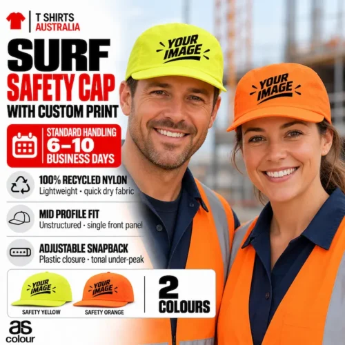 Man and woman wearing Safety Yellow caps with sample Your Design hard-hat graphics and orange vests