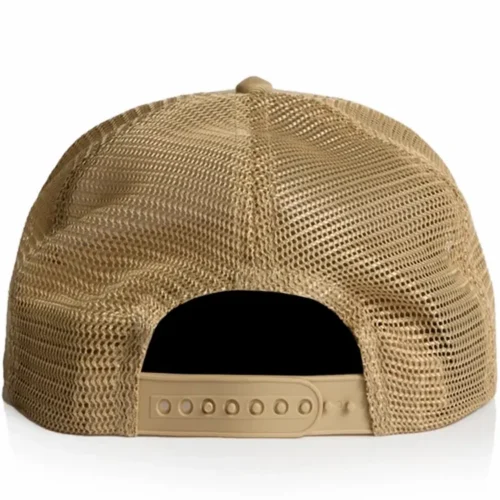 Back view of the Khaki AS Colour Stock Trucker Cap 1108 showing mesh rear panels and an adjustable snapback closure
