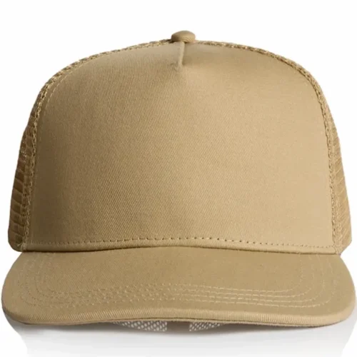 Front view of the Khaki AS Colour Stock Trucker Cap 1108 showing the plain front panel and stitched peak