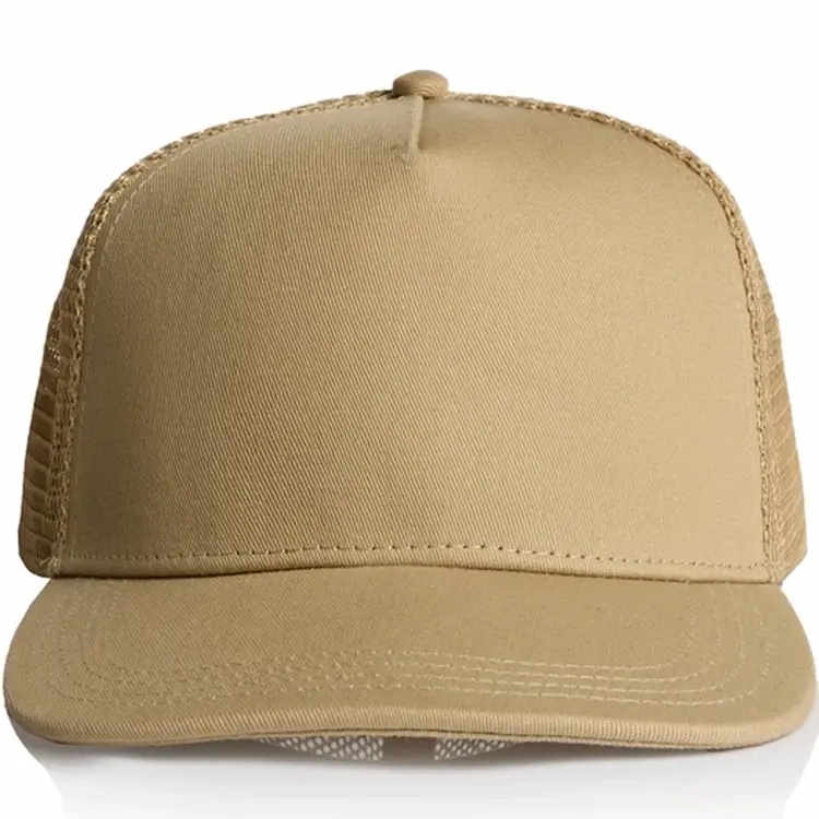 Front view of the Khaki AS Colour Stock Trucker Cap 1108 showing the plain front panel and stitched peak