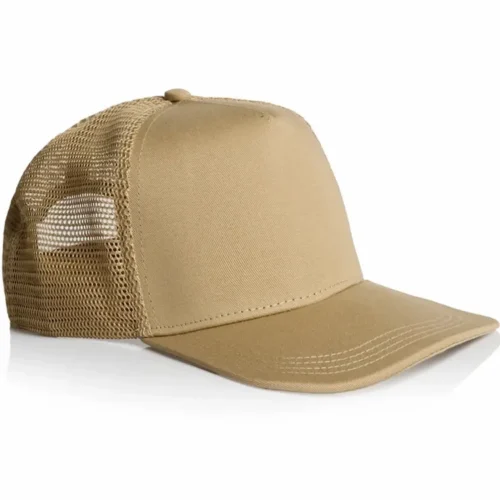 Angled side view of the Khaki AS Colour Stock Trucker Cap 1108 showing the solid front and matching mesh panels