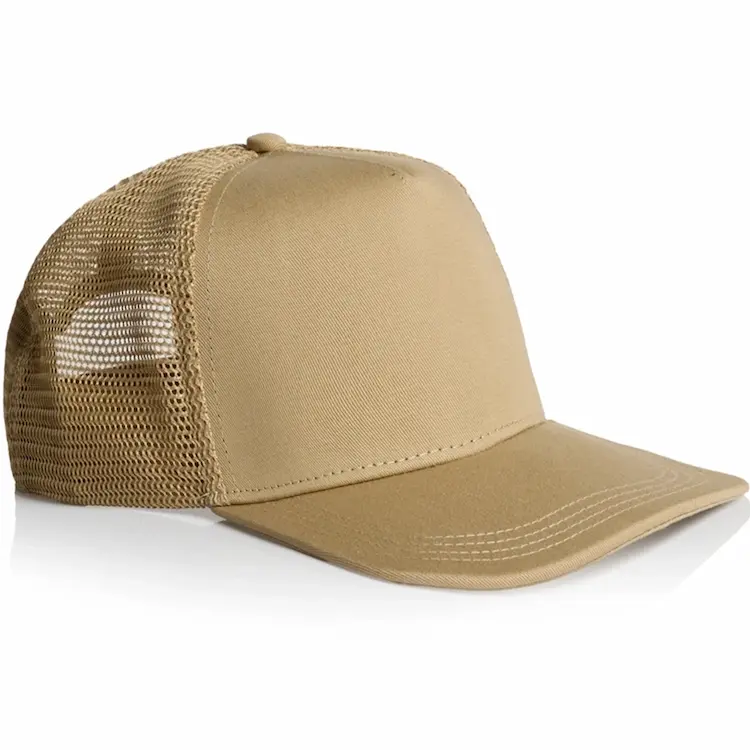 Angled side view of the Khaki AS Colour Stock Trucker Cap 1108 showing the solid front and matching mesh panels
