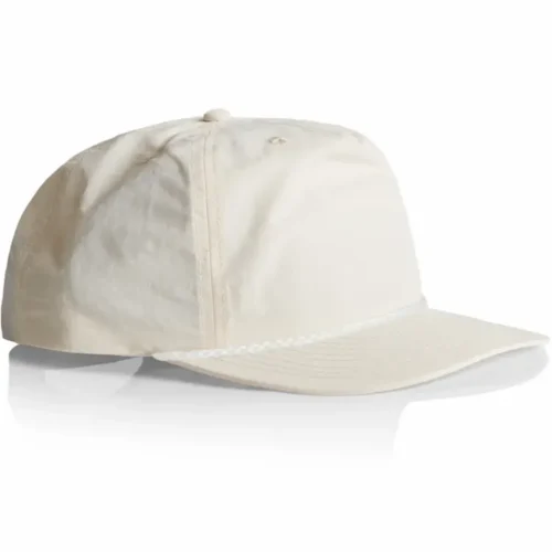 Angled side view of the Ecru/White AS Colour Surf Rope Cap 1123 showing the crown profile, white rope detail and flat peak